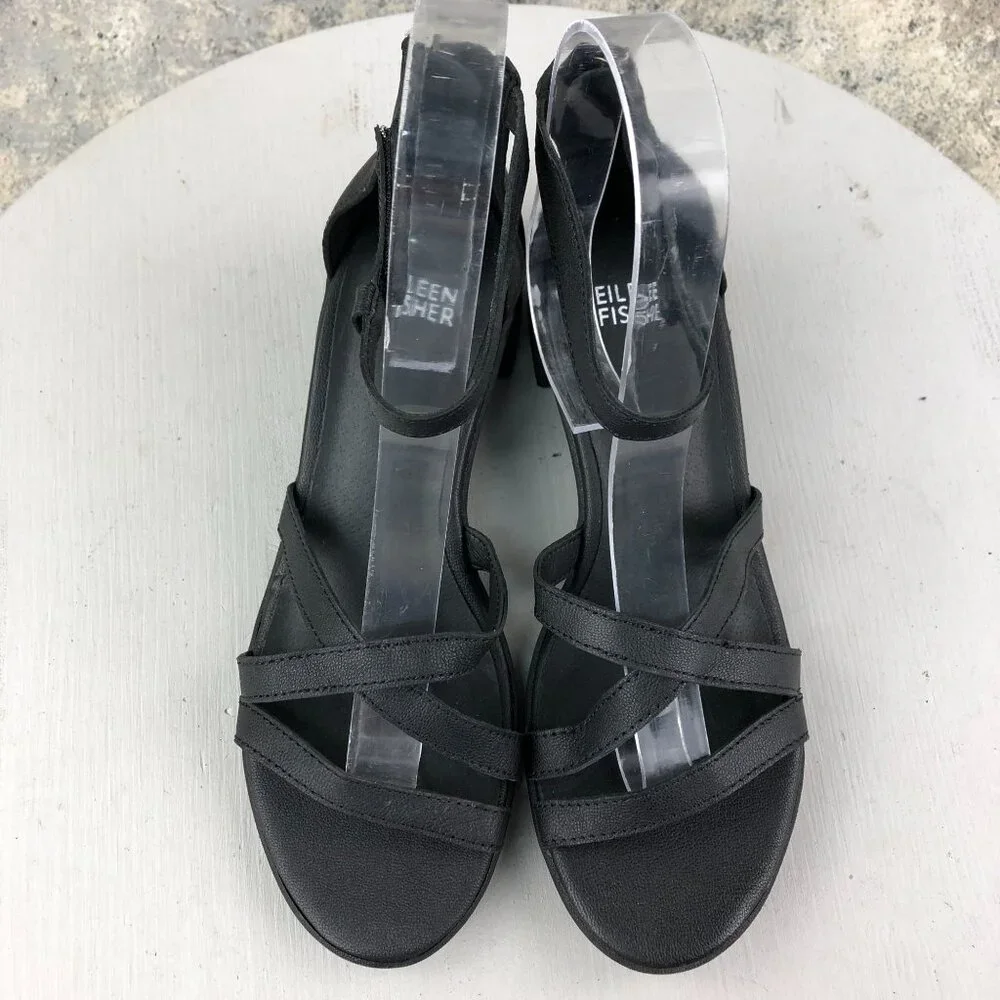 Eileen Fisher NWOT Women's Size 6.5 Noni Black Leather Open Toe Heeled Sandals